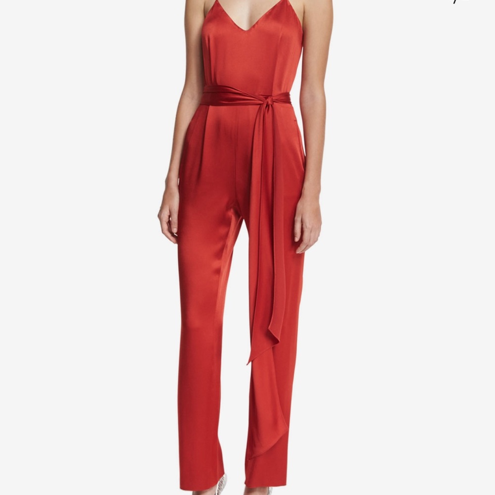 Diane von furstenberg satin sleeveless pleat belted jumpsuit